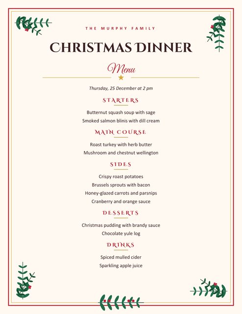 Christmas Dinner Menu and Cooking Plan