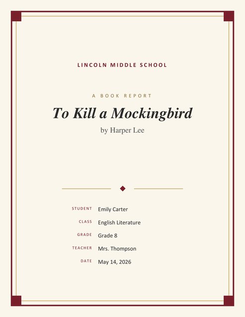 Cover Page for Book Report