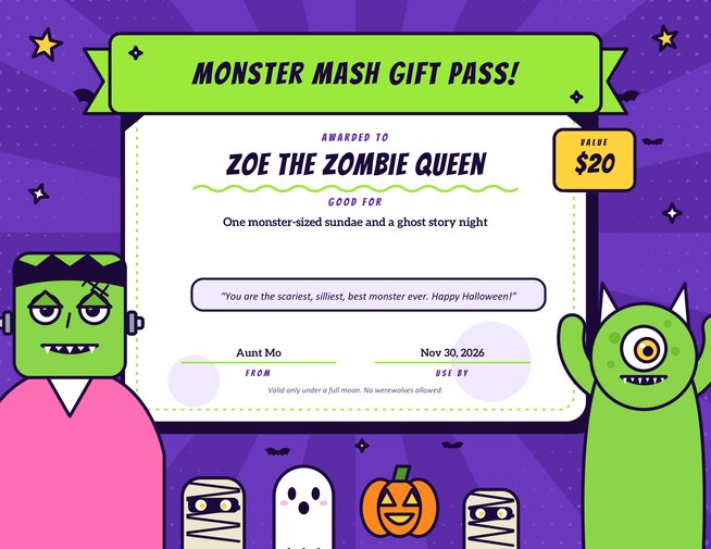 Monster Mash Halloween Gift Certificate