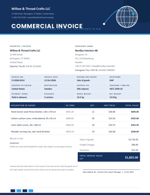Commercial Invoice for Export and International Shipping