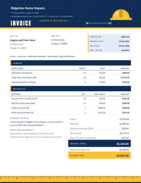 Contractor Invoice for Labor and Materials
