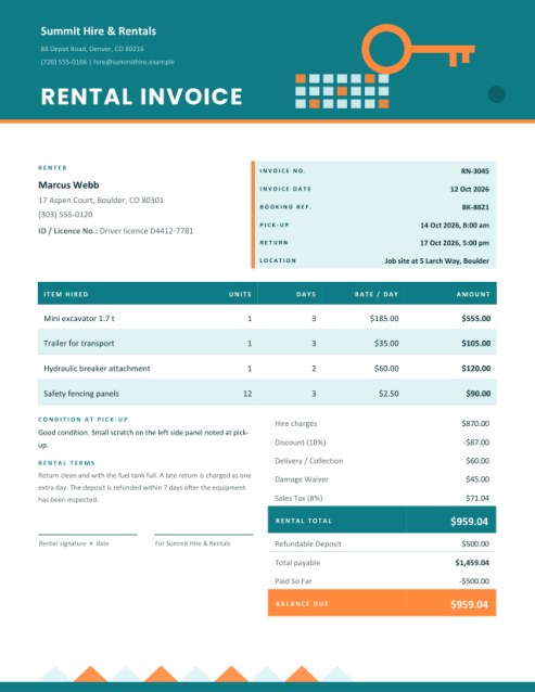 Equipment and Vehicle Rental Invoice