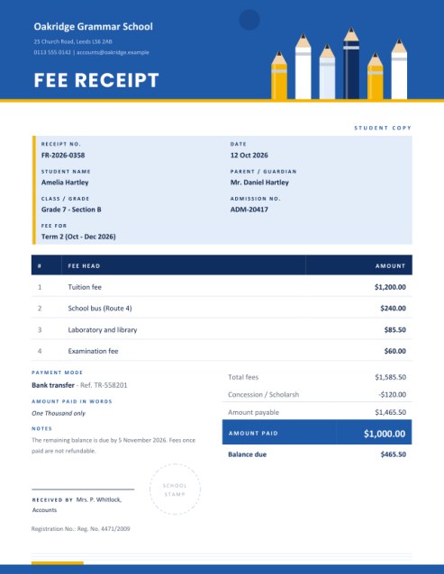 School and Tuition Fee Receipt