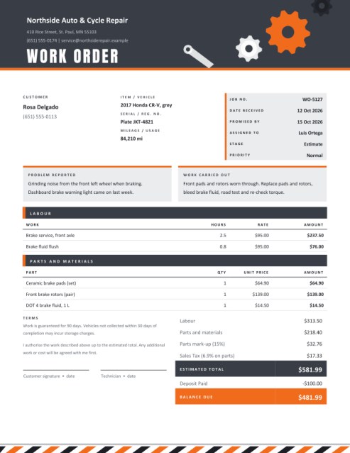 Work Order and Repair Job Card